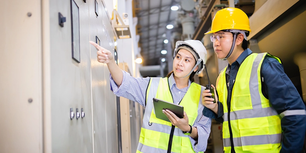 workers looking at tablet using security vests and helmets
