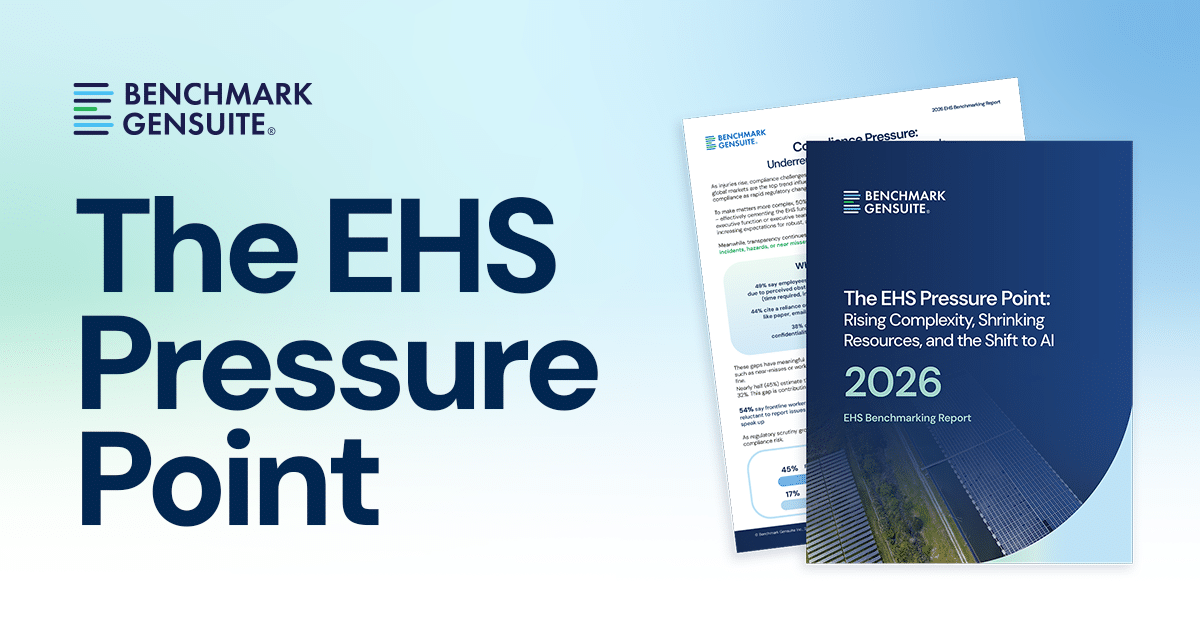 Banner for the 2026 EHS Benchmarking Report highlighting rising operational complexity and shrinking resources.