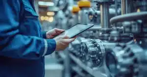 Industrial manufacturing setting with frontline worker looking at ipad