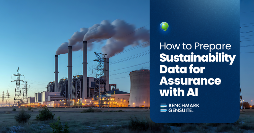 Industrial power plant with smokestacks and electrical transmission towers at dusk, with text reading “How to Prepare Sustainability Data for Assurance with AI” by Benchmark Gensuite.