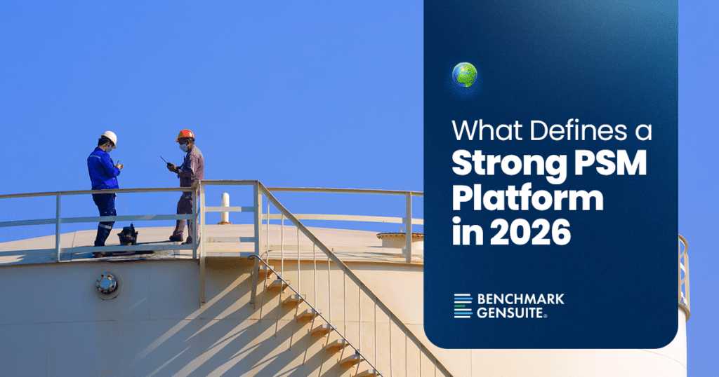 Benchmark Gensuite blog graphic for “What Defines a Strong PSM Platform in 2026,” featuring two workers at an industrial facility.