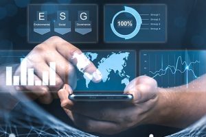 Man using modern technology for business management according to esg principles. Double exposure engineering using cellphone digital technology interfaces. Man with phone on esg project