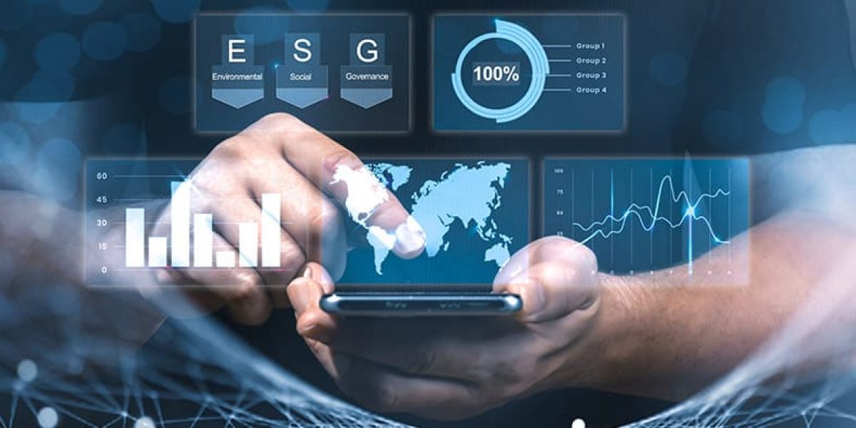Man using modern technology for business management according to esg principles. Double exposure engineering using cellphone digital technology interfaces. Man with phone on esg project