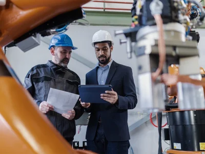 workers in production line looking at a tablet