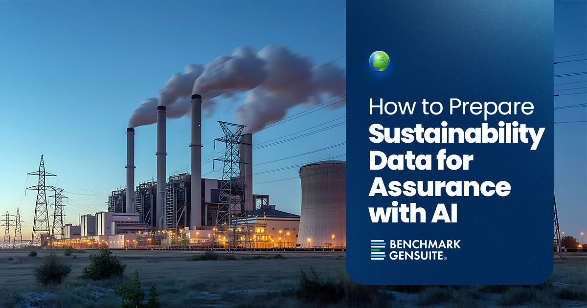Industrial power plant with smokestacks and electrical transmission towers at dusk, with text reading “How to Prepare Sustainability Data for Assurance with AI” by Benchmark Gensuite.