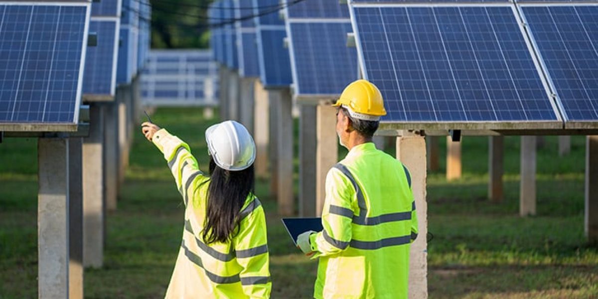 Workers Overlooking Solar Farm