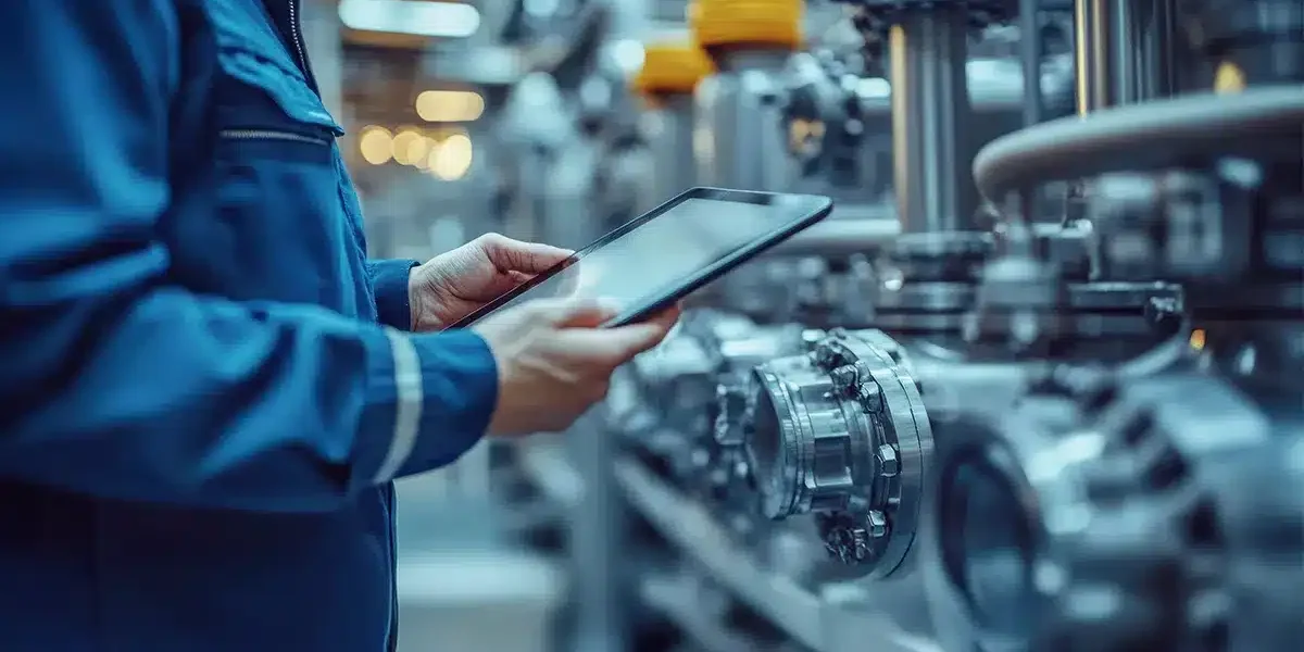 Industrial manufacturing setting with frontline worker looking at ipad